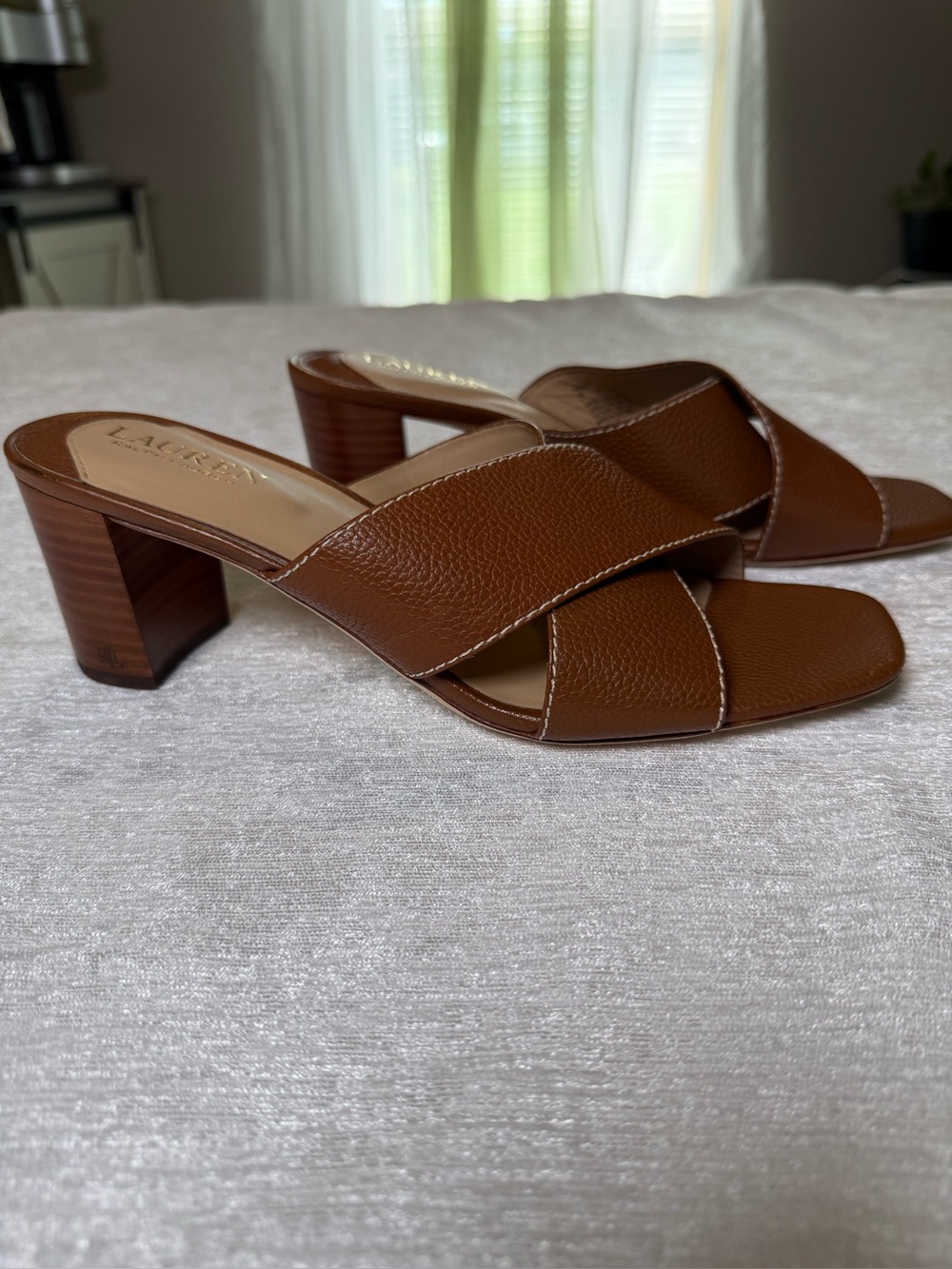 Lauren Ralph Lauren Brown Leather Crossband Block Heel Mules